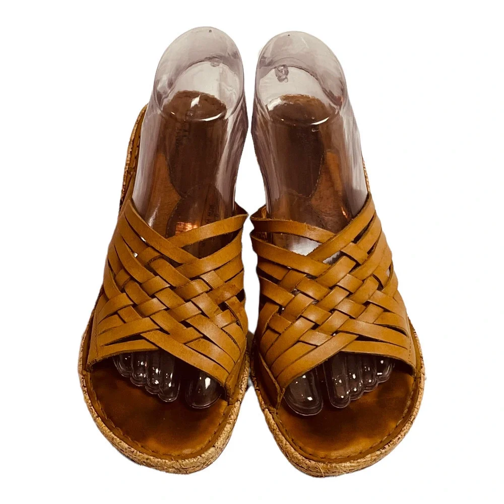 🍀 BORN ‘Drilles Tan Braided Leather Espadrille Wedge Sandals Women’s Size 9